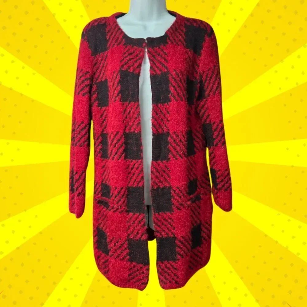 Women's AUGUST SILK Plaid Open Cardigan‎ Sweater Large
